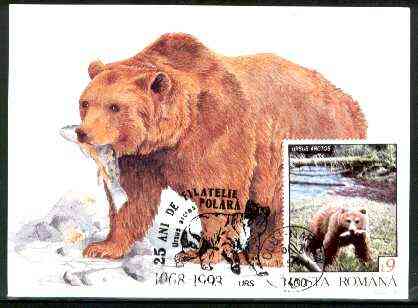 Rumania 1992 Brown Bear 9L (as SG 5480) on maximum card with special illustrated Bear cancellation, stamps on animals, stamps on bears