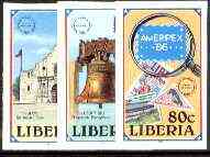 Liberia 1986 Ameripex (Stamp Exhibition) set of 3 imperf from limited printing, unmounted mint SG 1625-27, stamps on , stamps on  stamps on stamp exhibitions, stamps on bells, stamps on stamp on stamp, stamps on  stamps on stamponstamp