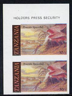 Tanzania 1986 John Audubon Birds 30s (Roseate Spoonbill) in unmounted mint imperf pair (as SG 467)*, stamps on , stamps on  stamps on audubon  birds  