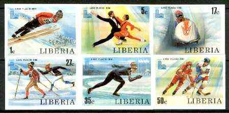 Liberia 1980 Lake Placid Winter Olympics set of 6 imperf from limited printing, unmounted mint SG 1449-54, stamps on , stamps on  stamps on olympics, stamps on sport, stamps on skiing, stamps on bobsled, stamps on ice skating, stamps on ice hockey