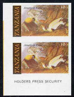 Tanzania 1986 John Audubon Birds 10s (American Eider) in unmounted mint imperf pair (as SG 465)*, stamps on , stamps on  stamps on audubon, stamps on birds, stamps on ducks