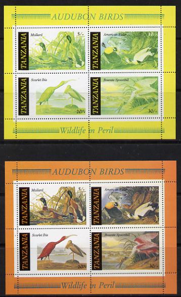 Tanzania 1986 John Audubon Birds m/sheet with red omitted plus normal both unmounted mint (SG MS 468), stamps on , stamps on  stamps on audubon, stamps on birds, stamps on ducks, stamps on mallard    eider   ibis    spoonbill