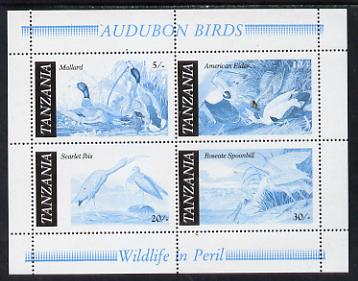 Tanzania 1986 John Audubon Birds m/sheet perf colour proof in blue & black only unmounted mint (SG MS 468), stamps on audubon, stamps on birds, stamps on ducks, stamps on mallard    eider   ibis    spoonbill