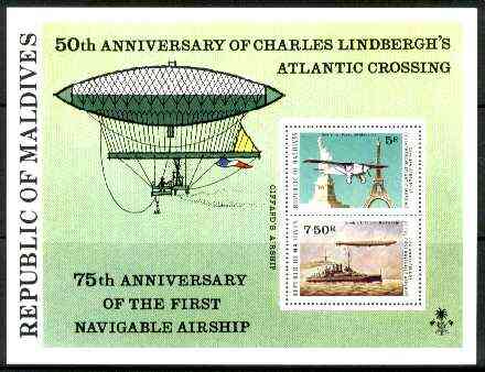 Maldive Islands 1977 Lindbergh & Airships Anniversary perf m/sheet unmounted mint, SG MS 720, stamps on , stamps on  stamps on aviation, stamps on airships, stamps on lindbergh, stamps on monuments, stamps on civil engineering, stamps on americana, stamps on statues, stamps on ships, stamps on  stamps on masonics, stamps on  stamps on masonry