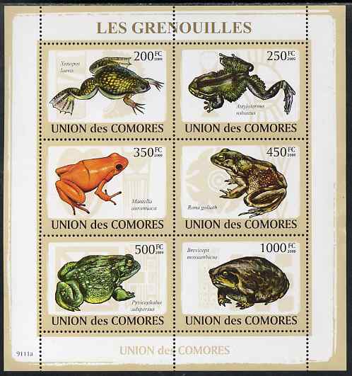 Comoro Islands 2009 Frogs perf sheetlet containing 6 values unmounted mint, stamps on , stamps on  stamps on frogs, stamps on  stamps on toads