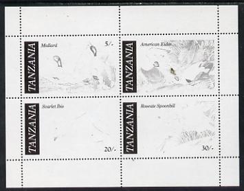 Tanzania 1986 John Audubon Birds m/sheet perf colour proof in black only unmounted mint (SG MS 468), stamps on audubon, stamps on birds, stamps on ducks, stamps on mallard    eider   ibis    spoonbill