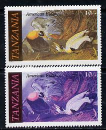 Tanzania 1986 John Audubon Birds 10s (American Eider) with yellow omitted, complete sheetlet of 8 plus normal sheet, both unmounted mint (as SG 465), stamps on , stamps on  stamps on audubon, stamps on birds, stamps on ducks