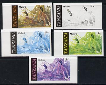 Tanzania 1986 John Audubon Birds 5s (Mallard) set of 5 unmounted mint imperf progressive colour proofs incl all 4 colours (as SG 464), stamps on audubon, stamps on birds, stamps on ducks 