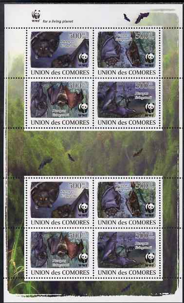 Comoro Islands 2009 WWF - Bats perf sheetlet containing 2 sets of 4 in se-tenant blocks unmounted mint, stamps on animals, stamps on  wwf , stamps on mammals, stamps on bats