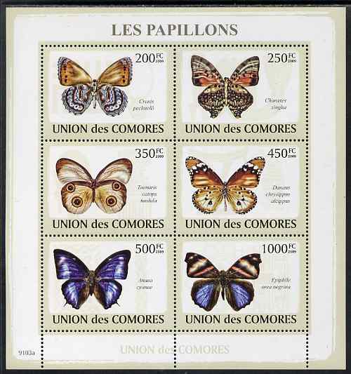 Comoro Islands 2009 Butterflies perf sheetlet containing set of 6 unmounted mint, stamps on butterflies