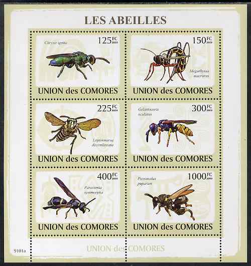 Comoro Islands 2009 Bees perf sheetlet containing set of 6 unmounted mint, stamps on , stamps on  stamps on insects, stamps on  stamps on bees, stamps on  stamps on honey