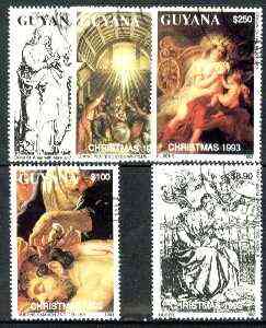 Guyana 1993 Christmas Paintings complete set of 5 fine cto used (note different designs & values to those in Gibbons)*, stamps on christmas, stamps on arts, stamps on durer, stamps on rubens, stamps on titian