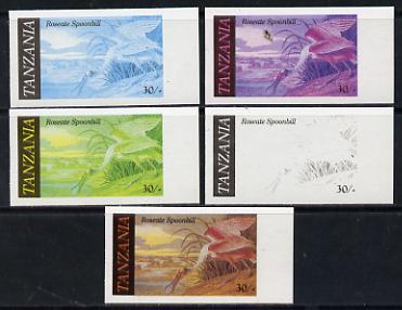 Tanzania 1986 John Audubon Birds 30s (Roseate Spoonbill) set of 5 unmounted mint imperf progressive colour proofs incl all 4 colours (as SG 467), stamps on audubon, stamps on birds, stamps on 