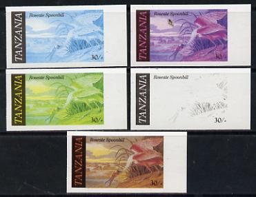 Tanzania 1986 John Audubon Birds 30s (Roseate Spoonbill) set of 5 unmounted mint imperf progressive colour proofs incl all 4 colours (as SG 467), stamps on audubon  birds  