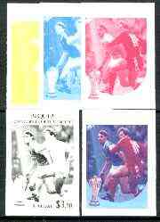 St Vincent - Bequia 1986 World Cup Football $3.50 (N Ireland) set of 5 imperf progressive colour proofs comprising the 4 basic colours plus blue & magenta composite unmounted mint