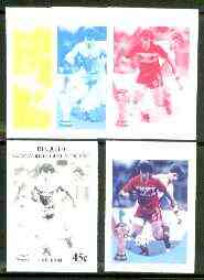St Vincent - Bequia 1986 World Cup Football 45c (Belgium) set of 5 imperf progressive colour proofs comprising the 4 basic colours plus blue & magenta composite unmounted mint, stamps on , stamps on  stamps on football, stamps on sport