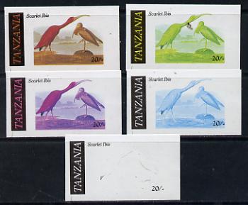 Tanzania 1986 John Audubon Birds 20s (Scarlet Ibis) set of 5 unmounted mint imperf progressive colour proofs incl all 4 colours (as SG 466), stamps on audubon, stamps on birds, stamps on 