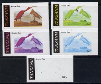 Tanzania 1986 John Audubon Birds 20s (Scarlet Ibis) set of 5 unmounted mint imperf progressive colour proofs incl all 4 colours (as SG 466), stamps on audubon  birds