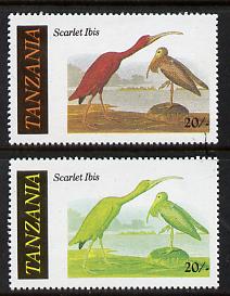 Tanzania 1986 John Audubon Birds 20s (Scarlet Ibis) with red omitted, complete sheetlet of 8 plus normal sheet, both unmounted mint (as SG 466), stamps on audubon  birds