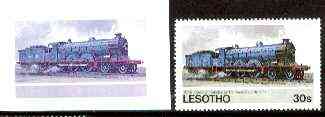 Lesotho 1984 Railways of the World 30s Caledonian Railway imperf proof in blue & magenta only on Cromalin plastic card, plus normal issued stamp, stamps on , stamps on  stamps on railways