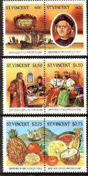 St Vincent 1986 500th Anniversary of Discovery of America (1st issue) perf set of 6 (3 se-tenant pairs) unmounted mint SG 952-57, stamps on , stamps on  stamps on columbus, stamps on explorers, stamps on personalities, stamps on ships, stamps on fruit