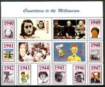 Angola 1999 Countdown to the Millennium #05 (1940-1949) perf sheetlet containing 4 values (Yalta Conf, Betty Grable, Judy Garland, Anne Frank & Pippi Longstocking) unmoun...