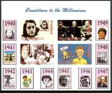 Angola 1999 Countdown to the Millennium #05 (1940-1949) imperf sheetlet containing 4 values (Yalta Conf, Betty Grable, Judy Garland, Anne Frank & Pippi Longstocking) unmo...