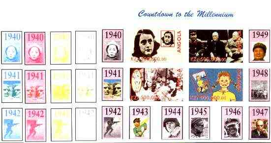 Angola 1999 Countdown to the Millennium #05 (1940-1949) sheetlet containing 4 values (Yalta Conf, Grable, Garland, Anne Frank & Pippi) the set of 5 imperf progressive pro...