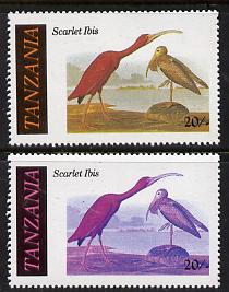 Tanzania 1986 John Audubon Birds 20s (Scarlet Ibis) with yellow omitted, complete sheetlet of 8 plus normal sheet, both unmounted mint (as SG 466), stamps on , stamps on  stamps on audubon  birds  