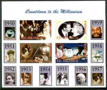 Angola 1999 Countdown to the Millennium #06 (1950-1959) imperf sheetlet containing 4 values (Grace Kelly, Marilyn, Peanuts Cartoon & Laika  with Sputnik) unmounted mint, stamps on personalities, stamps on marilyn monroe, stamps on films, stamps on cinema, stamps on entertainments, stamps on children, stamps on cartoons, stamps on space, stamps on coronation, stamps on castro, stamps on millennium