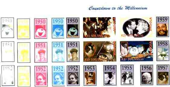 Angola 1999 Countdown to the Millennium #06 (1950-1959) sheetlet containing 4 values (Grace Kelly, Marilyn, Peanuts Cartoon & Laika  with Sputnik) the set of 5 imperf progressive proofs comprising various 2,3 & 4-colour combinations plus all 5 colours unmounted mint, stamps on , stamps on  stamps on personalities, stamps on marilyn monroe, stamps on films, stamps on cinema, stamps on entertainments, stamps on children, stamps on cartoons, stamps on  stamps on space, stamps on coronation, stamps on castro, stamps on millennium