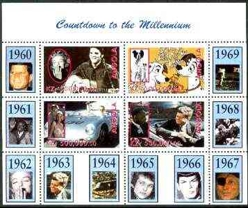 Angola 1999 Countdown to the Millennium #07 (1960-1969) perf sheetlet containing 4 values (Elvis, Marilyn,101 Dalmations, J Dean, 007 James Bond, King & Kennedy) unmounte..., stamps on personalities, stamps on films, stamps on cinema, stamps on entertainments, stamps on elvis:kennedy, stamps on marilyn monroe, stamps on space, stamps on apollo, stamps on pops, stamps on disney, stamps on millennium, stamps on judaica, stamps on  spy , stamps on 