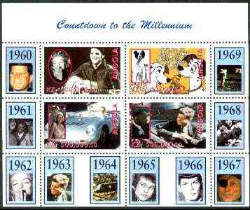 Angola 1999 Countdown to the Millennium #07 (1960-1969) perf sheetlet containing 4 values (Elvis, Marilyn,101 Dalmations, J Dean, 007 James Bond, King & Kennedy) unmounted mint, stamps on , stamps on  stamps on personalities, stamps on films, stamps on cinema, stamps on entertainments, stamps on elvis:kennedy, stamps on marilyn monroe, stamps on space, stamps on apollo, stamps on pops, stamps on disney, stamps on millennium, stamps on judaica, stamps on  stamps on  spy , stamps on  stamps on 