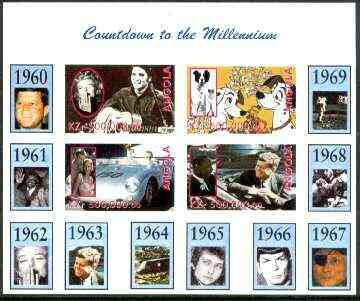 Angola 1999 Countdown to the Millennium #07 (1960-1969) imperf sheetlet containing 4 values (Elvis, Marilyn,101 Dalmations, J Dean, 007 James Bond, King & Kennedy) unmoun..., stamps on personalities, stamps on films, stamps on cinema, stamps on entertainments, stamps on elvis:kennedy, stamps on marilyn monroe, stamps on space, stamps on apollo, stamps on pops, stamps on disney, stamps on millennium, stamps on judaica, stamps on  spy , stamps on 