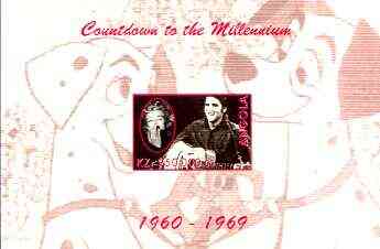 Angola 1999 Countdown to the Millennium #07 (1960-1969) imperf souvenir sheet (Elvis, Marilyn and 101 Dalmations) unmounted mint, stamps on , stamps on  stamps on personalities, stamps on films, stamps on cinema, stamps on entertainments, stamps on elvis, stamps on dogs, stamps on disney, stamps on marilyn monroe, stamps on millennium, stamps on  stamps on guitar