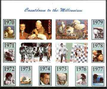 Angola 1999 Countdown to the Millennium #08 (1970-1979) imperf sheetlet containing 4 values (Pope John Paul II, Apollo 13, Jackson 5, Chess & Tony Jacklin) unmounted mint, stamps on personalities, stamps on pope, stamps on space, stamps on apollo, stamps on pops, stamps on chess, stamps on golf, stamps on opera, stamps on gymnastics, stamps on films, stamps on millennium, stamps on  gym , stamps on gymnastics, stamps on 