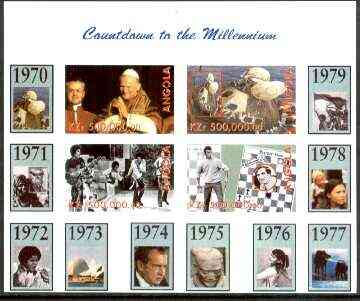 Angola 1999 Countdown to the Millennium #08 (1970-1979) imperf sheetlet containing 4 values (Pope John Paul II, Apollo 13, Jackson 5, Chess & Tony Jacklin) unmounted mint, stamps on , stamps on  stamps on personalities, stamps on pope, stamps on space, stamps on apollo, stamps on pops, stamps on chess, stamps on golf, stamps on opera, stamps on gymnastics, stamps on films, stamps on millennium, stamps on  stamps on  gym , stamps on  stamps on gymnastics, stamps on  stamps on 