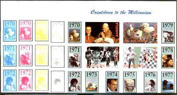 Angola 1999 Countdown to the Millennium #08 (1970-1979) sheetlet containing 4 values (John Paul II, Apollo 13, Jackson 5, Chess & Tony Jacklin) the set of 5 imperf progressive proofs comprising various 2,3 & 4-colour combinations plus all 5 colours unmounted mint, stamps on , stamps on  stamps on personalities, stamps on pope, stamps on space, stamps on apollo, stamps on pops, stamps on chess, stamps on golf, stamps on opera, stamps on gymnastics, stamps on films, stamps on millennium, stamps on  stamps on  gym , stamps on  stamps on gymnastics, stamps on  stamps on 