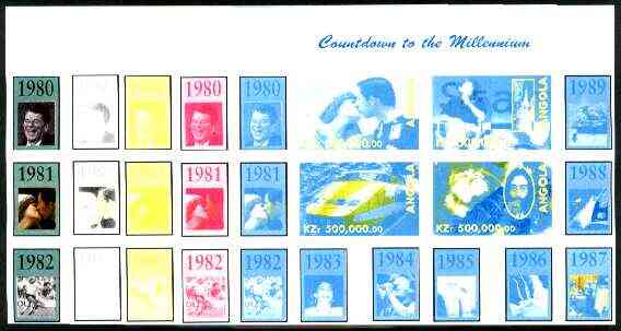 Angola 1999 Countdown to the Millennium #09 (1980-1989) sheetlet containing 4 values (Charles & Di, SNCF Train, Bill Gates, Shuttle, Lennon & Marley) the set of 5 imperf progressive proofs comprising various 2,3 & 4-colour combinations plus all 5 colours unmounted mint, stamps on , stamps on  stamps on personalities, stamps on royalty, stamps on charles, stamps on diana, stamps on railways, stamps on computers, stamps on shuttle, stamps on pops, stamps on football, stamps on van gogh, stamps on , stamps on millennium, stamps on  stamps on bridge (card game)     , stamps on  stamps on sport, stamps on  stamps on beatles