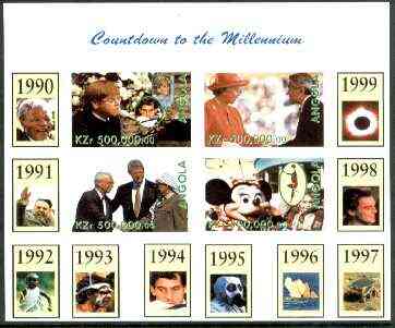 Angola 1999 Countdown to the Millennium #10 (1990-1999) imperf sheetlet containing 4 values (Elton John & Diana, Senna, Euro-Disney, Queen & Peace in Middle East) unmounted mint, stamps on personalities, stamps on royalty, stamps on diana, stamps on pops, stamps on disney, stamps on judaica, stamps on racing cars, stamps on films, stamps on cinema, stamps on eclipse, stamps on , stamps on millennium
