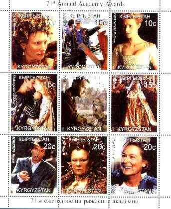 Kyrgyzstan 1999 Academy Awards perf sheetlet containing complete set of 9 values (Shakespeare in Love, Spielberg, Judi Dench, etc) unmounted mint, stamps on , stamps on  stamps on personalities, stamps on entertainments, stamps on films, stamps on cinema