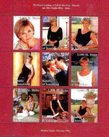 Somaliland 1999 Royal Wedding (Edward & Sophie) perf sheetlet containing set of 9 values unmounted mint, stamps on royalty, stamps on edward, stamps on sophie