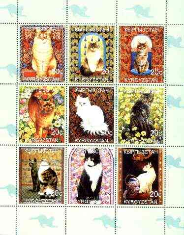 Kyrgyzstan 1999 Domestic Cats perf sheetlet containing complete set of 9 values unmounted mint, stamps on , stamps on  stamps on cats