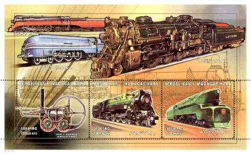 Madagascar 1999 Railways (Early) perf souvenir sheet containing 3 values unmounted mint, stamps on , stamps on  stamps on railways