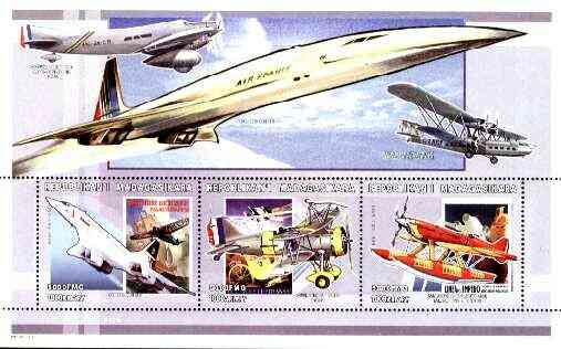 Madagascar 1999 Aircraft (Concorde, HP, Curtiss, etc) perf souvenir sheet containing 3 values unmounted mint, stamps on , stamps on  stamps on aviation, stamps on concorde, stamps on curtiss, stamps on hp, stamps on  stamps on macchi