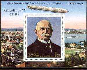 North Korea 1988 Birth Anniversary of Von Zeppelin perf m/sheet unmounted mint, SG MS N2805, stamps on aviation, stamps on airships, stamps on zeppelins