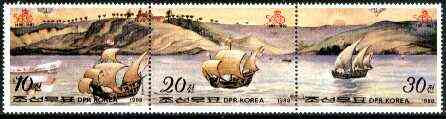 North Korea 1988 500th Anniversary of Discovery of America perf strip of 3 unmounted mint, SG N2754a, stamps on , stamps on  stamps on ships, stamps on explorers, stamps on columbus