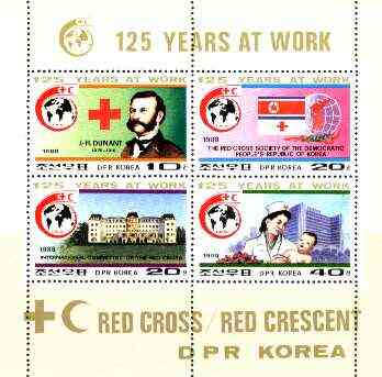 North Korea 1988 125th Anniversary of Red Cross perf sheetlet containing set of 4 unmounted mint, SG N2749a, stamps on red cross