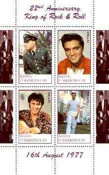 Turkmenistan 1999 22nd Death Anniversary of Elvis perf sheetlet containing set of 4 values unmounted mint, stamps on , stamps on  stamps on music, stamps on personalities, stamps on elvis, stamps on entertainments, stamps on films, stamps on cinema, stamps on  stamps on guitar