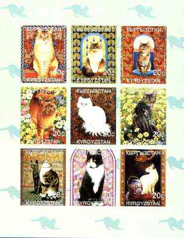 Kyrgyzstan 1999 Domestic Cats imperf sheetlet containing complete set of 9 values unmounted mint, stamps on , stamps on  stamps on cats